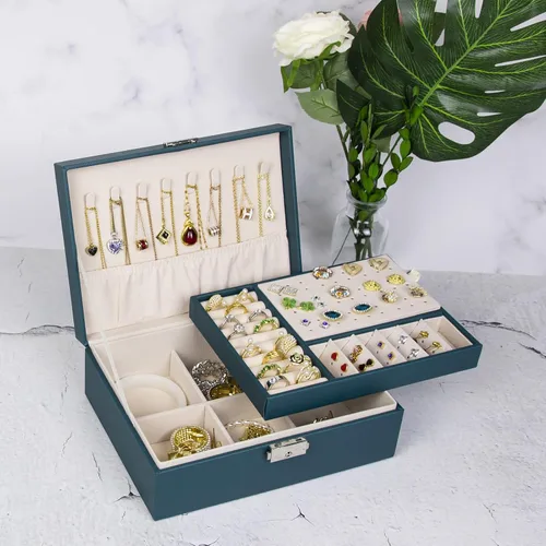 Miniatura 7 de SYCARON Joyero organizador para mujeres y niñas, estuche organizador de joyas de 2 capas, caja de almacenamiento de joyería de piel sintética