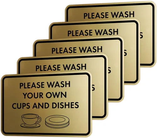Miniatura 70 de Letrero clásico enmarcado con texto en inglés «Please Wash Your Own Cups and Dishes» (oro cepillado), pequeño
