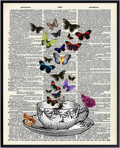 Taza de té vintage y mariposas en foto de la página de diccionario, impresión artística de pared sin marco, gran decoración del hogar para cocina,