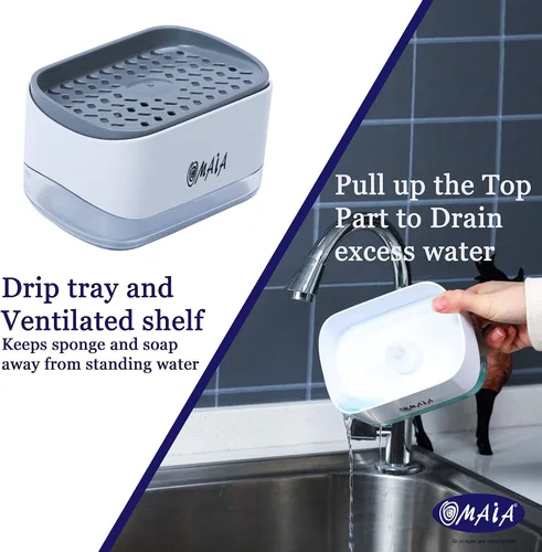 Miniatura 4 de OMAIA Dispensador de jabón para platos 2 en 1 con soporte para esponja, dispositivo de cocina inteligente, organizador de encimera de fregadero