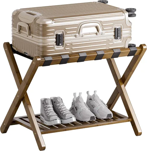 Miniatura 12 de SMIBUY Portaequipajes, soporte plegable de bambú para maleta con estante de almacenamiento para habitación de invitados, dormitorio, hotel, Natural
