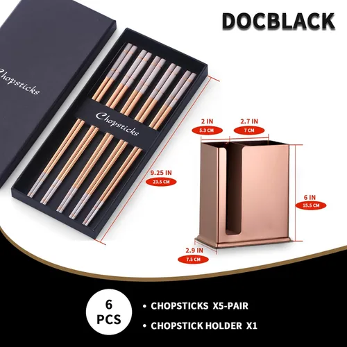 Miniatura 5 de DOCBLACK Palillos de acero inoxidable con soporte para palillos, estante de secado de utensilios, 5 pares de palillos reutilizables aptos