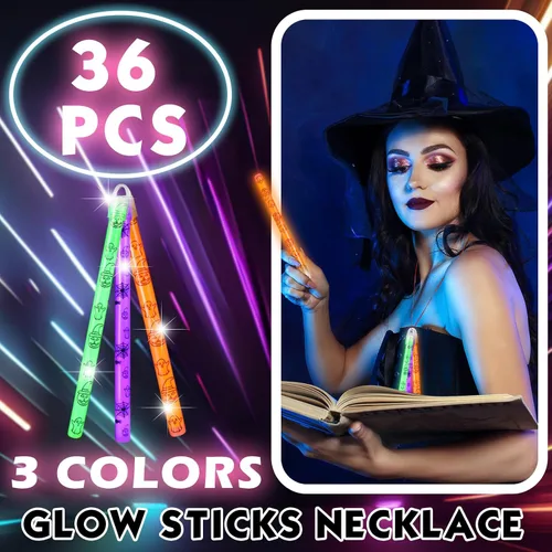 Miniatura 4 de Libima Juego de 36 collares de palitos brillantes de 8 pulgadas para Halloween con tapas y cordones de araña, calabaza que brillan en la oscuridad