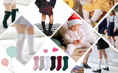 Miniatura 6 de Century Star Calcetines altos con lazo para niñas y bebés, calcetines de tubo con volantes, para uniforme escolar, leggings largos