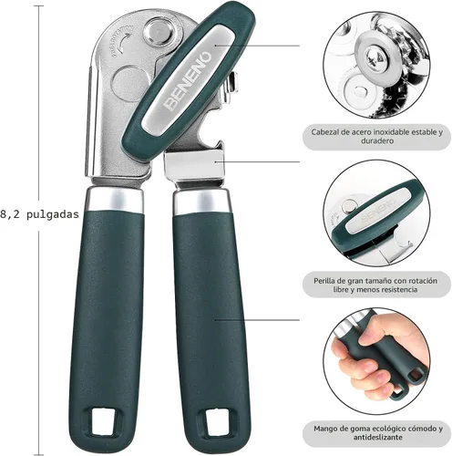 Miniatura 2 de Beneno Abrelatas manual resistente con imán, hoja de acero al carbono afilada duradera, corte suave, gran perilla de ahorro de esfuerzo y mango