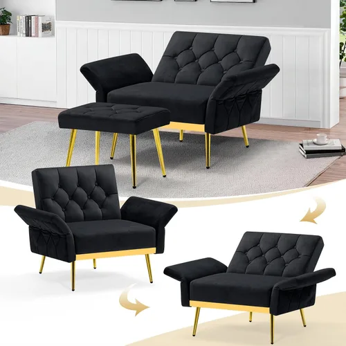 Miniatura 4 de Silla decorativa de terciopelo con reposabrazos y respaldos ajustables, sofá individual copetudo con otomana, silla de lectura tapizada para sala