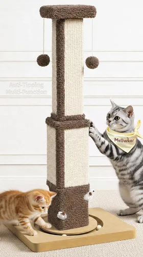 Poste rascador alto para gatos grandes y gatitos, poste vertical de sisal interior de 33 pulgadas, estructura cuadrada resistente con 4 agujeros
