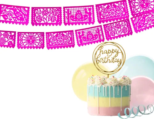Miniatura 7 de Pancartas rosadas de Picado Picado, decoraciones de fiesta temática mexicana rosa, banderas mexicanas, decoraciones colgantes de fiesta de México