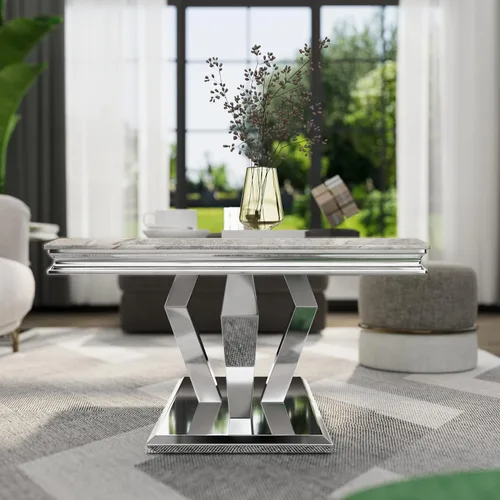 Miniatura 8 de ACEDÉCOR Mesa auxiliar, mesa de centro plateada con cuatro bases geométricas de espejo, mesa auxiliar rectangular con marco de metal resistente
