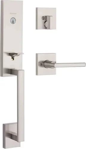 Kwikset Vancouver - Juego de manija y cerrojo de puerta delantera, juego de manijas de entrada exterior con palanca interior reversible, níquel
