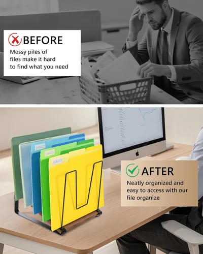 Miniatura 8 de HULISEN Organizador de archivos de escritorio inclinado, soporte vertical para carpetas de archivos de 5 secciones, estante clasificador de archivos