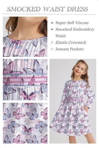 Miniatura 3 de Vestido floral con cintura fruncida para niñas, ropa de juego para la iglesia, vacaciones, vestido midi suave con bolsillos