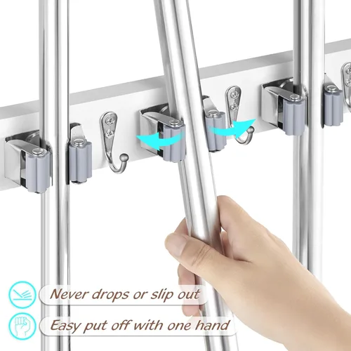 Miniatura 2 de OUTNILI Soporte de Pared Blanco para Escoba y Trapeador con 4 Ranuras y 4 Ganchos - Colgador de Madera para Escoba y Trapeador para Organización