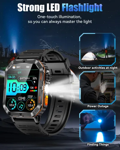 Miniatura 3 de Military Smarty Watch for Men, 2.01" Smartwatch with 1200mAh Battery, Flashlight, Answer/Make Calls, Heart Rate/Sleep Monitor 100+ Sport Modes Steel