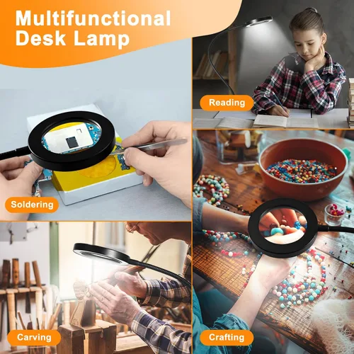 Miniatura 7 de Lupa 10X con luz y temporizador, lámpara de escritorio con aumento 2 en 1, 3 modos de color, 10 brillo regulable, lupa flexible de cuello de cisne