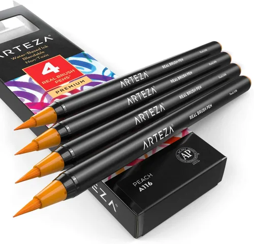 Miniatura 25 de Arteza Bolígrafos de pincel real, A174 gris delfín, paquete de 4, bolígrafos de acuarela con puntas de pincel de nailon, suministros de arte