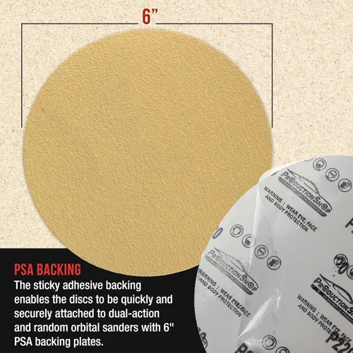 Miniatura 3 de ProductionShop Discos de lijado dorados PSA de grano 60 de 6 pulgadas, caja de 80 unidades, papel de lija abrasivo autoadhesivo para lijadoras
