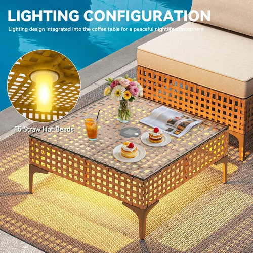 Miniatura 5 de YITAHOME Juego de muebles de mimbre para patio, sofá modular de 3 piezas para exteriores con mesa de luz solar, sofá para exteriores con cojines