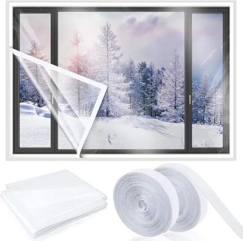 Beeveer Kit de Aislamiento de Ventanas de 63 Pulgadas x 10 Pies Película Transparente Cortable con Correas Adhesivas Plástico Reutilizable para
