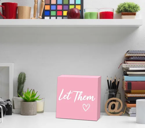 Miniatura 3 de Letrero de caja de madera Let Them de 5 x 5 pulgadas, letrero de escritorio estilo granja Boss Lady decoración de cubículo de oficina, accesorios