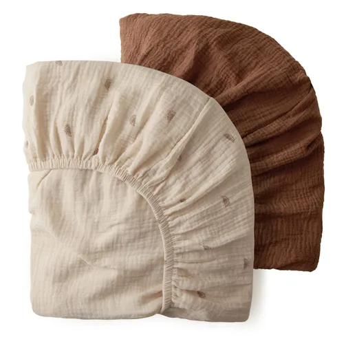 Blissful Diary Sábanas de muselina para minicuna, sábanas ajustadas para Pack N Play, algodón suave para niños y niñas, paquete de 2 (Sol y Marrón)