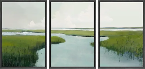 Miniatura 143 de SIGNWIN Lienzo enmarcado para pared, juego de arte sereno de pantanos con humedales verdes e ilustraciones de agua tranquila, arte moderno