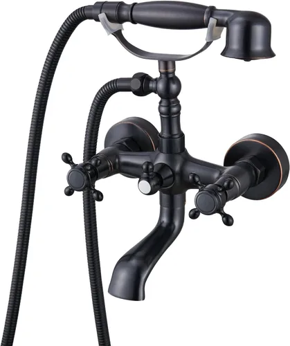 Miniatura 12 de gotonovo Grifo de bañera Clawfoot de montaje en pared con rociador de mano y boquilla giratoria de doble mango cruzado de 360°, juego de grifos