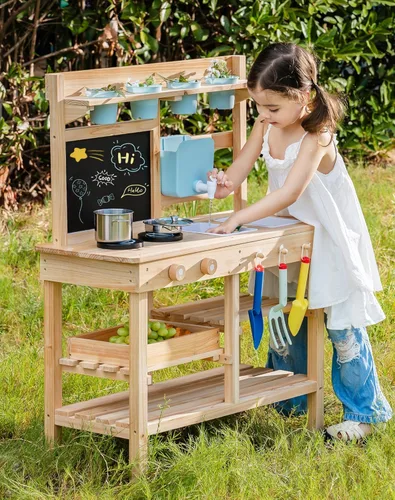 Miniatura 10 de ROBOTIME Kids Mud Kitchen, Wooden Mud Kitchen for Kids Outdoor with Real Water Play Sink, BBQ Grill, Coffee Maker & Planting Station, Large Storage