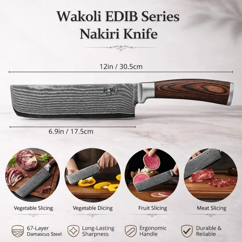 Miniatura 2 de Wakoli EDIB Cuchillo Damasco Nakiri – Cuchillo vegetal de 6.9 pulgadas con núcleo VG10, herramienta profesional de corte de cocina hecha de acero