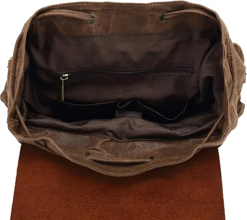 Miniatura 4 de Cuero genuino lona encerada mochila viaje mochila portátil bolsa Marrón