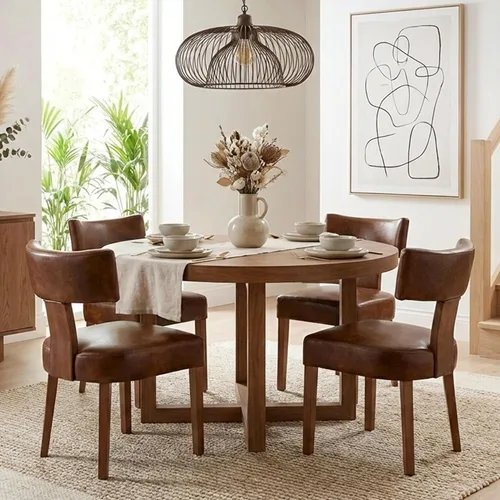 Miniatura 35 de HNY Juego de 6 sillas de comedor de ratán de estilo de mediados de siglo, silla de acento tapizada en lino de estilo granja con respaldo curvo