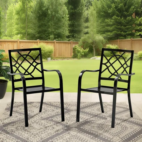 Miniatura 6 de Crownland Juego de 2 sillas de comedor de hierro forjado para patio, sillas apilables de metal con reposabrazos para jardín, piscina, patio trasero