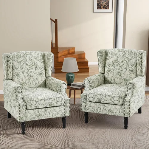 Miniatura 8 de Silla de Acento de Respaldo Alto, Sillón Tapizado en Tela para Sala de Estar, Sillón Wingback con Estampado Floral con Patas de Madera Maciza, Sofá