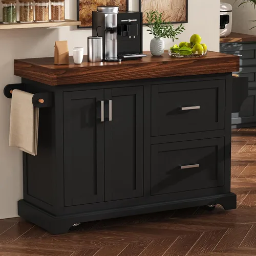 LUMISOL Carrito de cocina con 2 cajones extra grandes, estante para especias y toallas, isla de cocina con escritorio de 3.5 pulgadas de grosor,