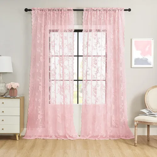 Miniatura 52 de SEEKRIGHT - 2 paneles de cortinas traslúcidas de encaje negro, cortinas góticas florales, cortinas victorianas con bolsillo para cortinero