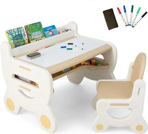 Miniatura 12 de Costzon - Juego de mesa y silla para bebé, escritorio de actividades de plástico con pizarra, bolígrafos de acuarela, borrador de pizarra y estante
