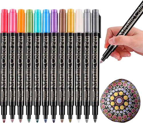 Sunshilor Rotuladores metálicos, 12 colores metálicos, marcadores de pintura para pintura roca, papel negro, fabricación de tarjetas, álbum de fotos