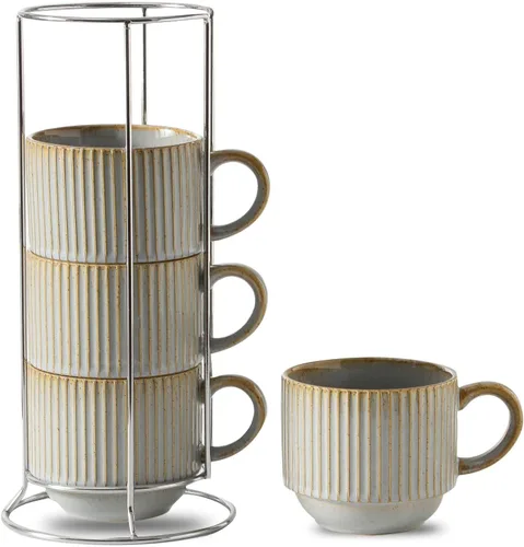 Miniatura 12 de Hasense Juego de tazas de café, juego de 4 tazas de té apilables con soporte - Juego de tazas grandes de cerámica acanaladas de 15 onzas para latte