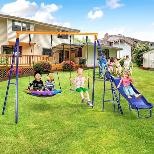 Lunafun Juego de columpios para patio trasero con tobogán para niños, 440 libras, marco en A, 1 asiento de columpio con platillo, 1 asiento de