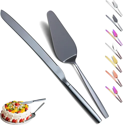 Evanda Juego de cuchillo y servidor negro para pastel de boda, chapado en titanio negro, servidor de pastel para uso diario, boda y cumpleaños, apto