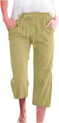 Miniatura 21 de Ceboyel Pantalones capri para mujer para verano, cintura elástica, pantalones de yoga, con cordón, pantalones de lino, pantalones de entrenamiento
