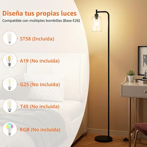 Miniatura 3 de Ziisee Lámpara de pie industrial con pantalla de cristal - Negra, bombillas LED, interruptor de pedal, fácil montaje negro (Clear-Black)