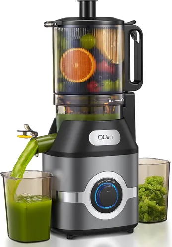 QCen Exprimidor de prensa en frío, 5.5 pulgadas de ancho, máquina de masticación lenta para frutas y verduras enteras, fácil de limpiar (gris)