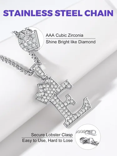 Miniatura 3 de Richsteel A-Z - Collar con inicial de corona para hombres y mujeres, chapado en oro de 18 quilates, circonita cúbica brillante, colgante