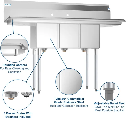 Miniatura 4 de KoolMore - SC101410-12B3 Fregadero de cocina comercial de acero inoxidable NSF de 3 compartimentos con escurraderos derecho e izquierdo