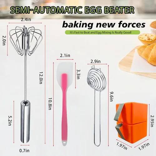 Miniatura 2 de Batidor semiautomático, batidor de huevo de acero inoxidable, batidor de huevos, girador de huevos, herramienta de Wisking, agitador de mano