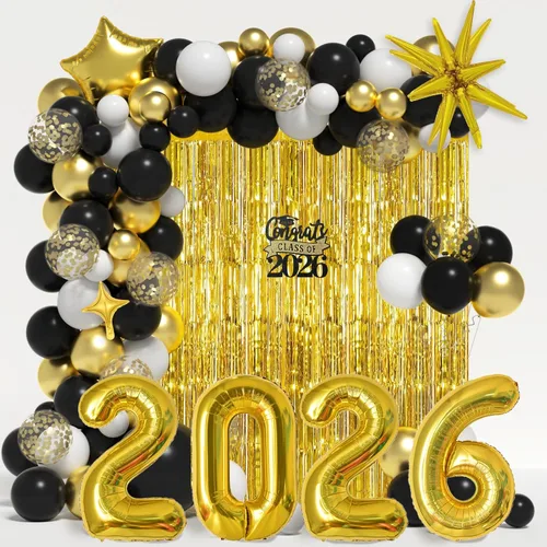 Kit de arco de guirnalda de globos de graduación para decoraciones de graduación de clase de 2026, globos negros dorados y blancos de diferentes