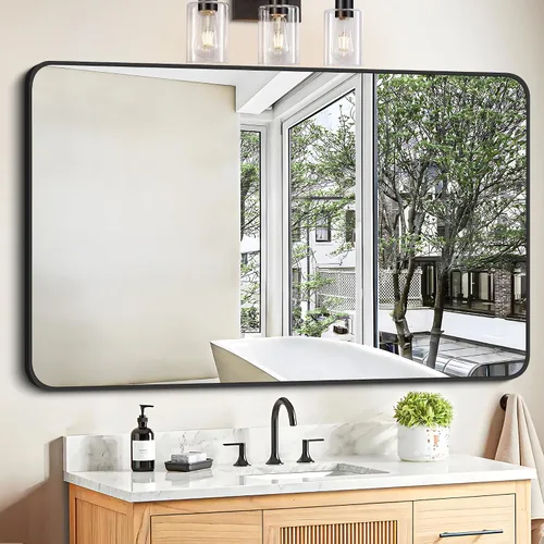 Miniatura 31 de FORBATH - Espejo de baño negro para sobre lavabo, espejo de pared de 16x24 pulgadas con marco de metal, esquinas redondeadas para baño, dormitorio
