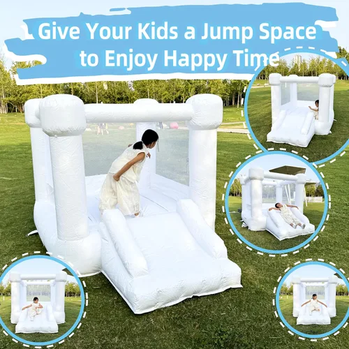 Miniatura 2 de Casa inflable de PVC blanca, casa hinchable con tobogán, casa de rebote para niños 3-6 soplador incluido, 8.7 pies de largo x 6 pies de ancho x 6