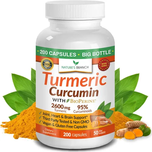 Suplemento de curcumina de cúrcuma de 2600 mg | Polvo de cúrcuma orgánica – 95% curcuminoides, 200 cápsulas – Extra fuerte para apoyo articular con